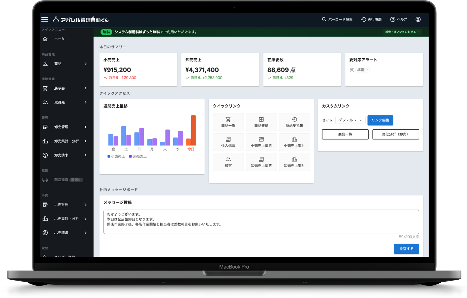 アパレル管理自動くん ダッシュボード